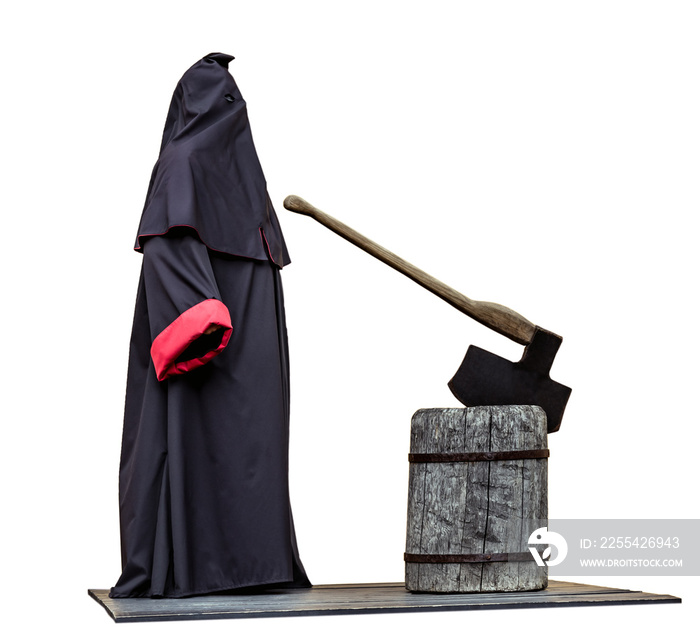 Medieval public executioner at place of separation of the head from the body beheading with an axe on a stump isolated on white.