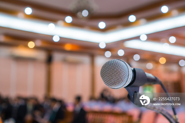 Microphone abstract prepare for speaker speech of conference or seminar hall at exhibition room background. Business Talk Presentation concept