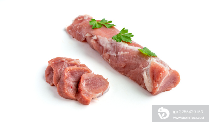 Raw pork tenderloin meat on a white background