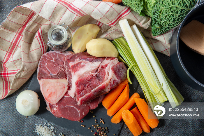 meat and vegetables for preparation of french pot au feu