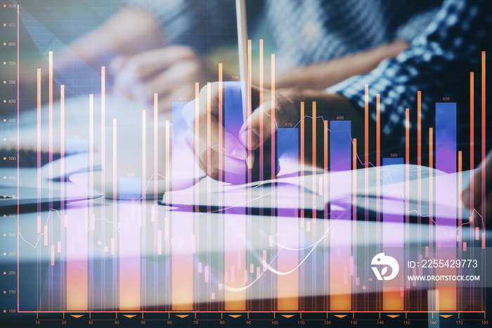 Multi exposure of two men planing investment with stock market forex chart.