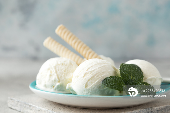 Homemade  vanilla ice cream with fresh mint. Sweet berry summer dessert. concrete background copy space