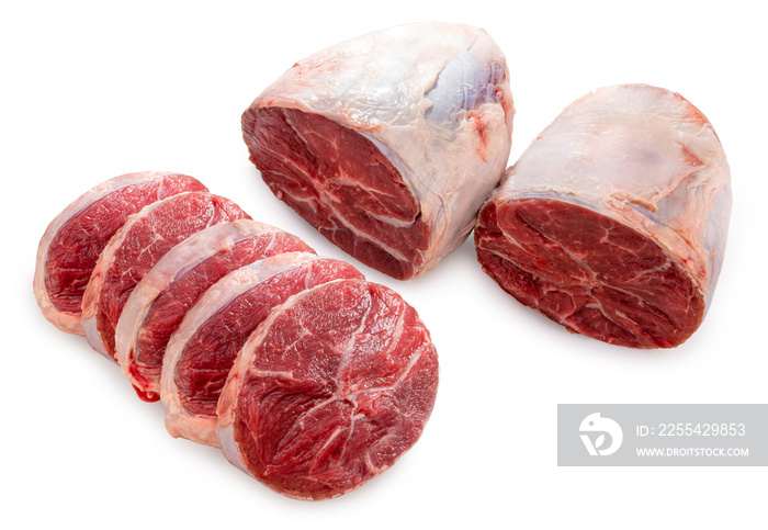 Raw Silver shank meat with Sliced isolated on white background, Shank beef on white background With clipping path.