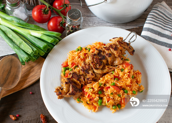 Meat skewer with serbian vegetable rice