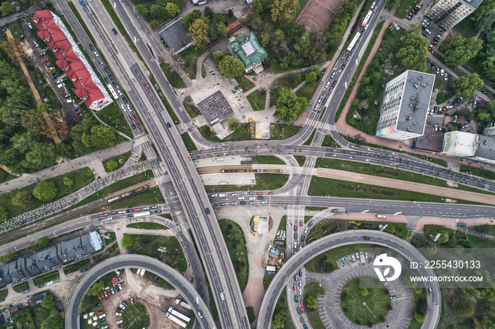 Sosnowiec city roundabout traffic circle, City in sielesia poland aerial drone photo