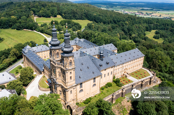 Aerial view of Banz Monastery, former Benedictine monastery, South German Baroque, near Bad Staffelstein, Lichtenfels district, Franconian  , Franconia, Bavaria, Germany,