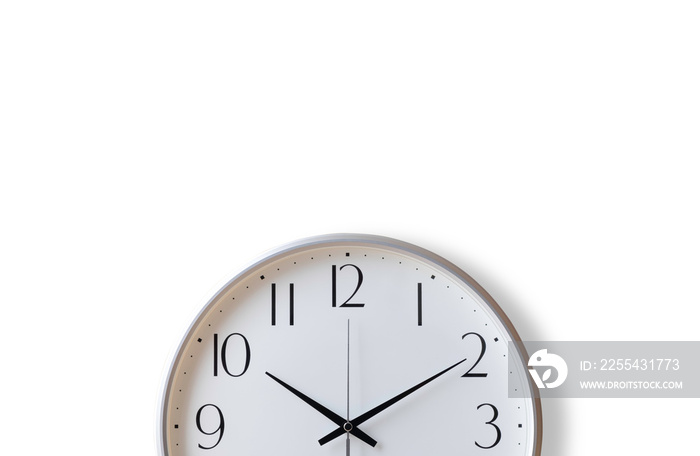 Close-up of Analog vintage white clock isolated on white background. Time management concept. with copy space.