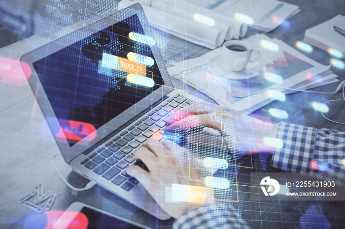 Double exposure of forex chart with man working on computer on background. Concept of market analysis.