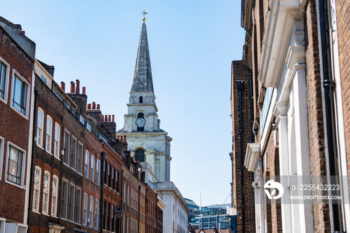 London- Historic street of brick townhouse buildings in Spitalfields area of East London