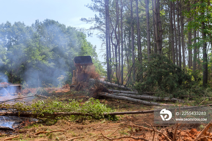 A housing development subdivision was cleared of trees to using tractors skid steers