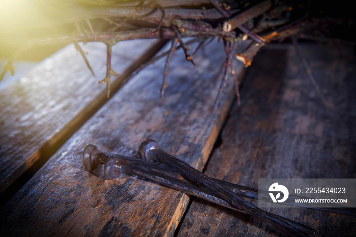 Bloody nails and crown of thorns in the rays of the sun as symbol of suffering and crucifixion of Jesus Christ. Selective focus on nails.