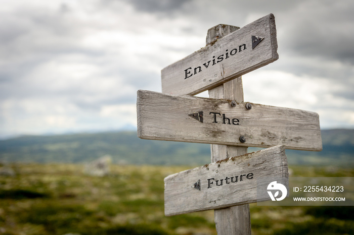 envision the future text on wooden signpost outdoors in nature