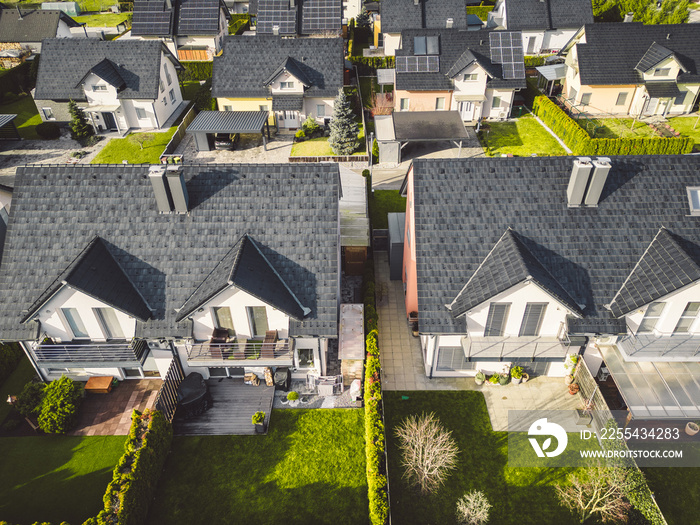 Looking down at the courtyard of duplex family homes in the suburbs