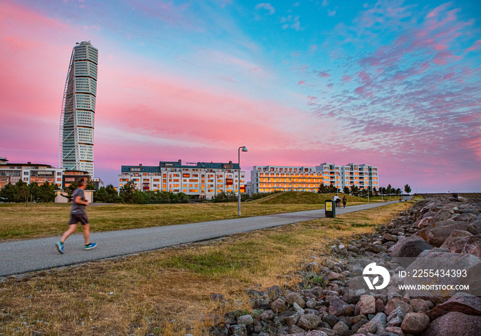 Turning Torso tower in sunset seen in Malmo, Sweden