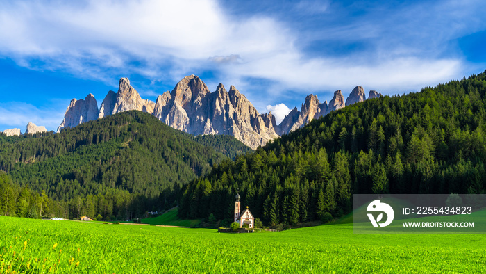 St Johann Church, Santa Maddalena, Church in Santa Maddalena village, Village in the Dolomites mountain peaks in St. Magdalena or Santa Maddalena with characteristic church, South Tyrol, Italy