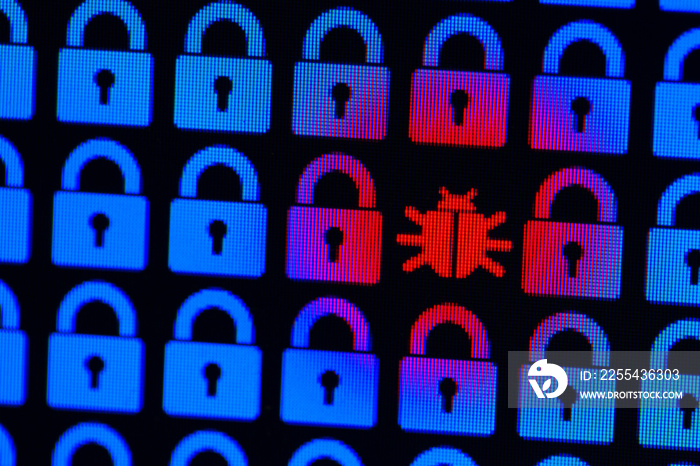 Bug as a symbol of malware and a Trojan virus in the program code. Hacking and theft of personal information and data. Blue pixel locks and red Bug on a black background, close-up