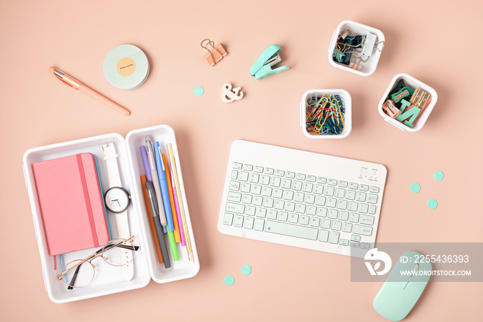 Keyboard and office supply top view. Desktop organization concept. Online education, Technology background. Online business, home office, information blog concept. Flatlay