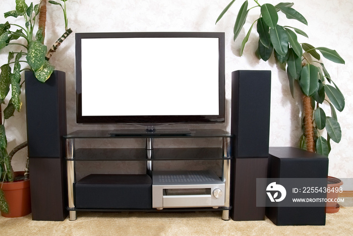 Home theatre with tv and hi-fi acoustic in PNG isolated on transparent background