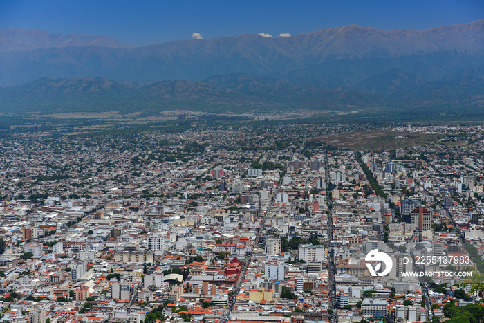The skyline of Salta city and the Andes beyond, from Cerro San Bernardo viewpoint, Salta Province, northwest Argentina