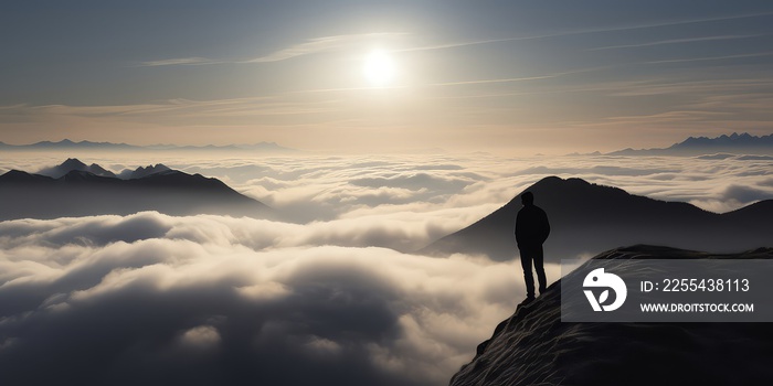 One man standing on mountain peak over the clouds .