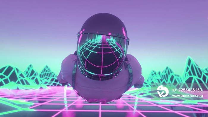 Astronaut surrounded by flashing neon lights. Music and nightclub concept. 3d rendering