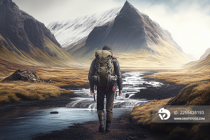 Hikers walking through a mountain landscape with hiking gear, amazing view