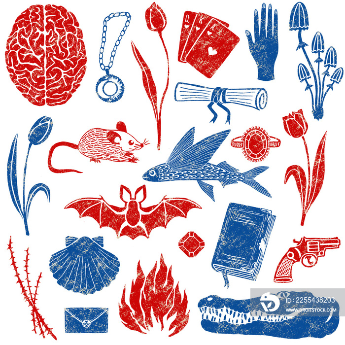 Set with magic and mystical elements illustrations in red and blue old style