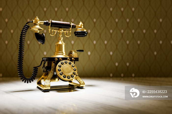 An old-fashioned telephone is rendered in 3D on a white marble table against a vintage wall backdrop.