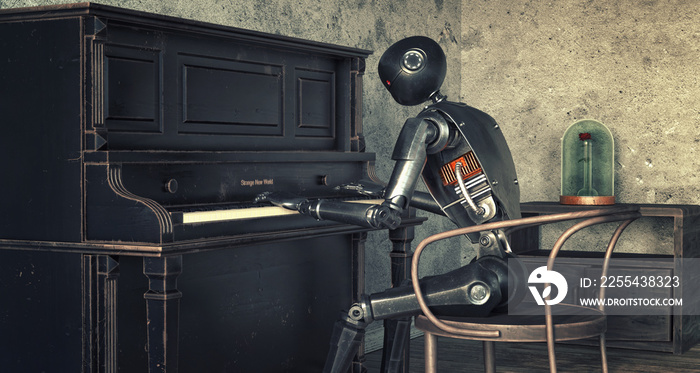 Robot Nestor is learning to play piano in post apocalyptic world, 3d rendering