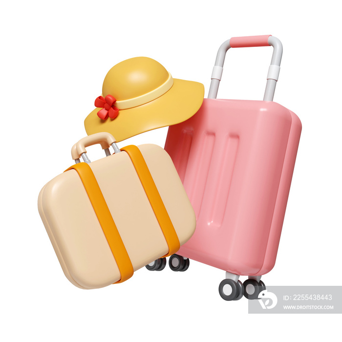 3d Time to travel. luggage and hat icon. summer vacation and holidays concept. icon isolated on white background. 3d rendering illustration. Clipping path.