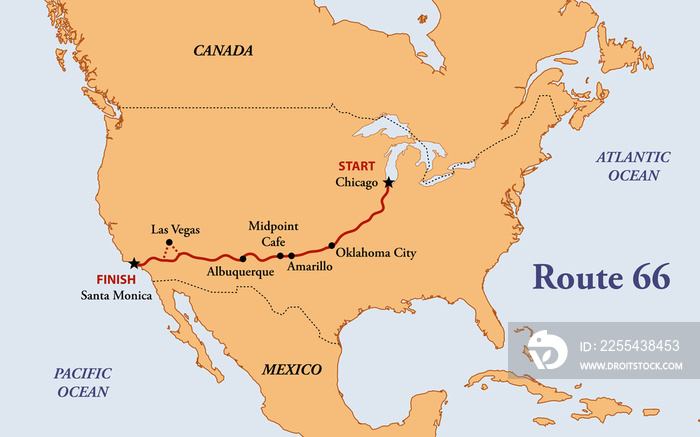 Map of historic Route 66 travel route