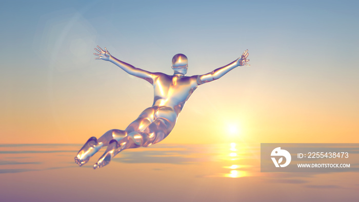 3d illustration of the flight of a transparent man at dawn in lucid dreams