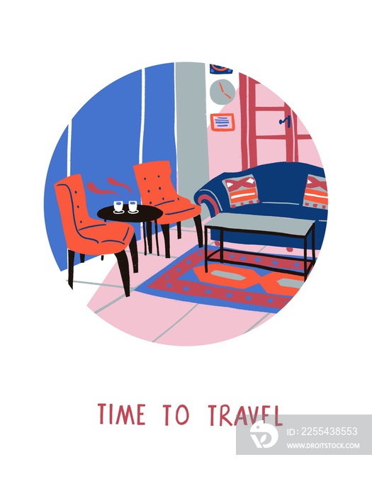 Time To Travel. Cafe, restaurants, old houses, antique, dealers, interior. Cartoon modern flat style. Poster wall. Chair, living room, hot tea.