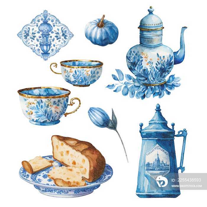 Watercolor hand drawn set of vintage  Dutch blue kettles, cheese, cups, ornaments and tulips. Delft blue watercolor set. Vintage Holland watercolor.