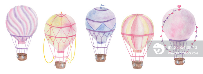 Watercolor illustration. Hand painted hot air balloons in purple, blue, pink, yellow colors with basket, ropes, bags, flags. Flying in the air transport. Isolated clip art for prints, posters, banners