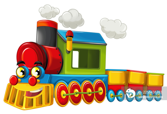 Cartoon funny looking steam train isolated illustration for children