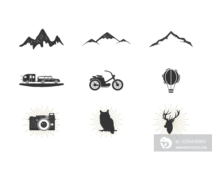 Outdoor adventure silhouette icons set. Surfing and camping shapes collection. Simple black pictograms bundle. Use for creating logo, labels and other hiking, surf designs. isolated on white.