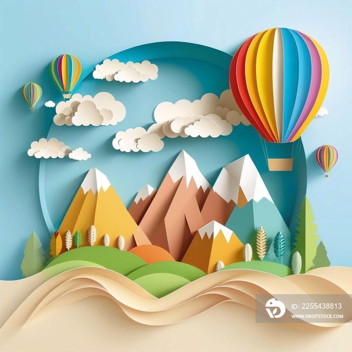 Beautiful landscape with clouds on blue sky, mountains, sun, air balloon and rainbow. Paper cut style.