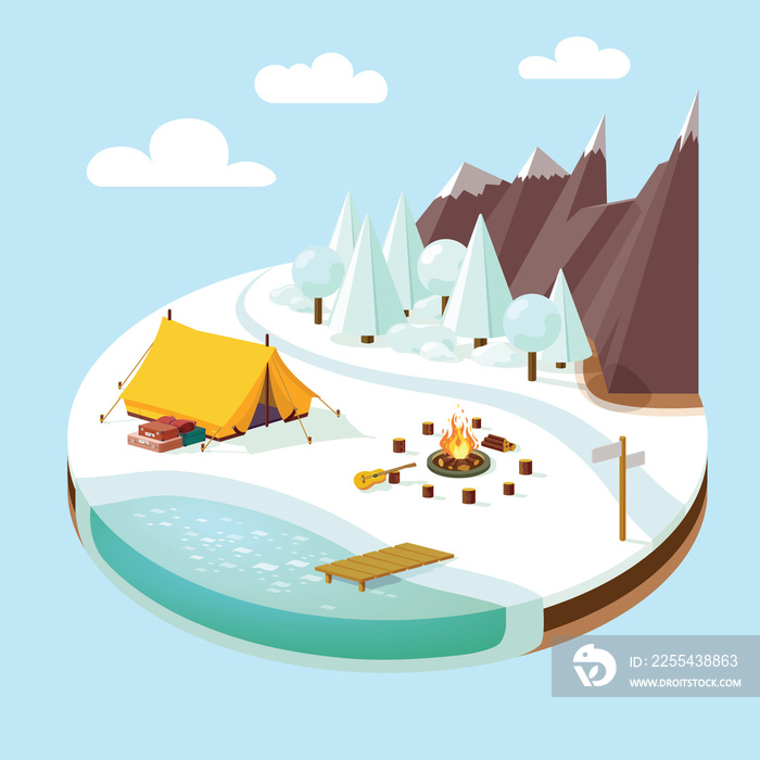 winter hiking in the mountains with a tent by the river in the forest isometric, winter tourism, camping in the wild, near a campfire with a guitar, camping invitation banner, winter camping isometric