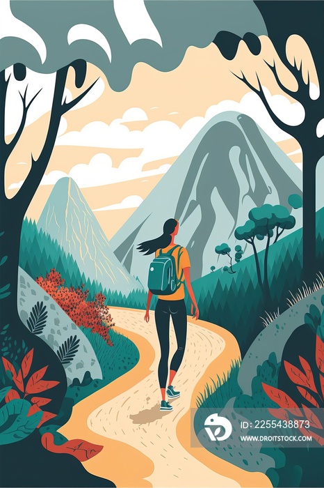 A woman is hiking in the mountain