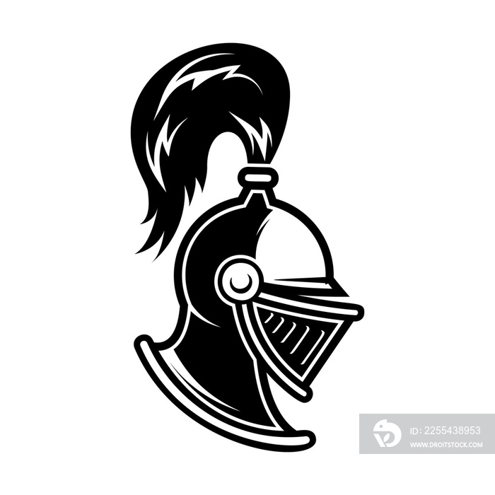 Illustration of knight helmet in engraving style. Design element for logo, label, emblem, sign.