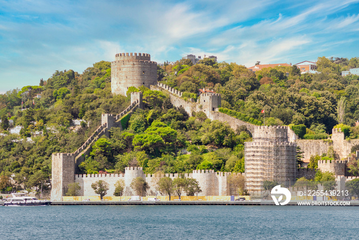 View of ruins of Rumelihisari, Bogazkesen Castle, or Rumelian Castle, in a sunny day, located at the hills of the European side of Bosphorus Strait, Istanbul, Turkey, built by Ottoman Sultan Mehmet II