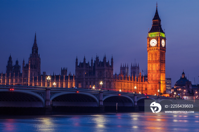 Big Ben in Westminster on River Thames, London at night