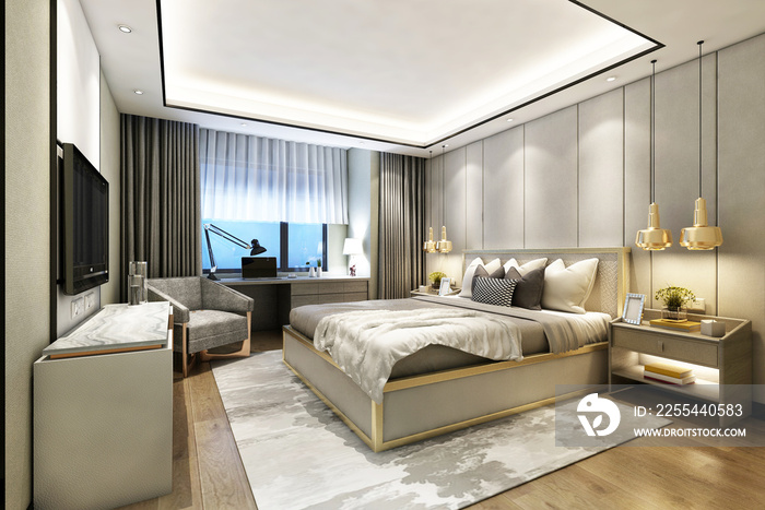 3D rendering modern bedroom suite in hotel with tv and work table