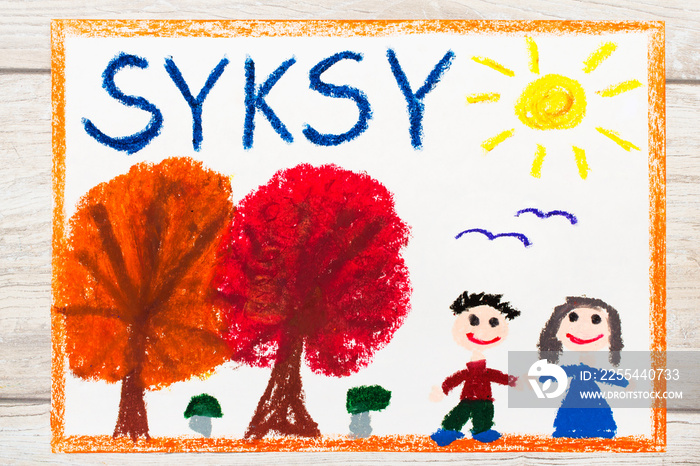 Photo of colorful drawing: Finnish word Autumn, happy couple and trees with red and orange leaves