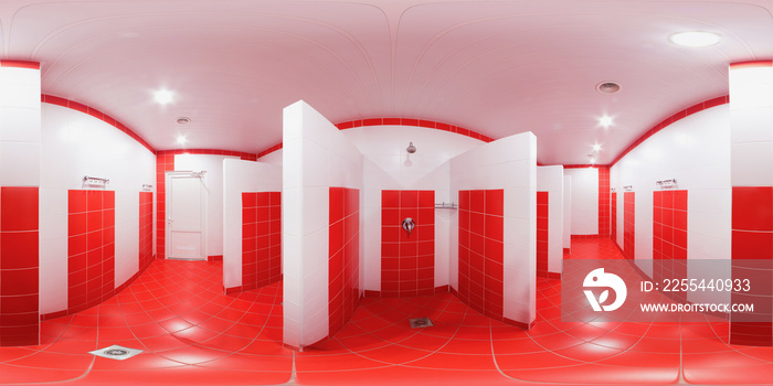 Rectangular sweep of equidistant panorama inside the public shower room for men and women.