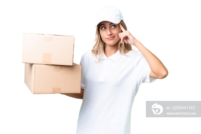 Delivery Uruguayan woman over isolated background having doubts and thinking