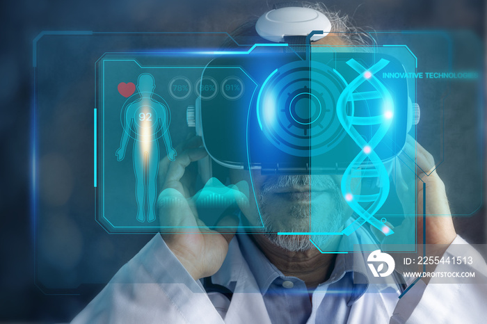 Digital medical health futuristic and global metaverse technology, doctor wearing best VR headset equipment to check internal organs patient  and chromosome on screen, future innovation concept