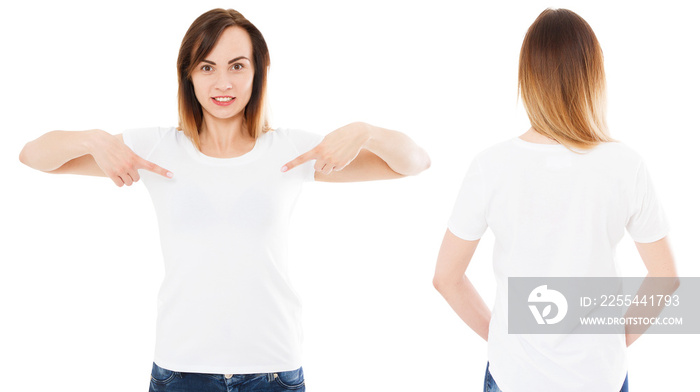 white woman in white t-shirt set isolated, blank,logo,empty