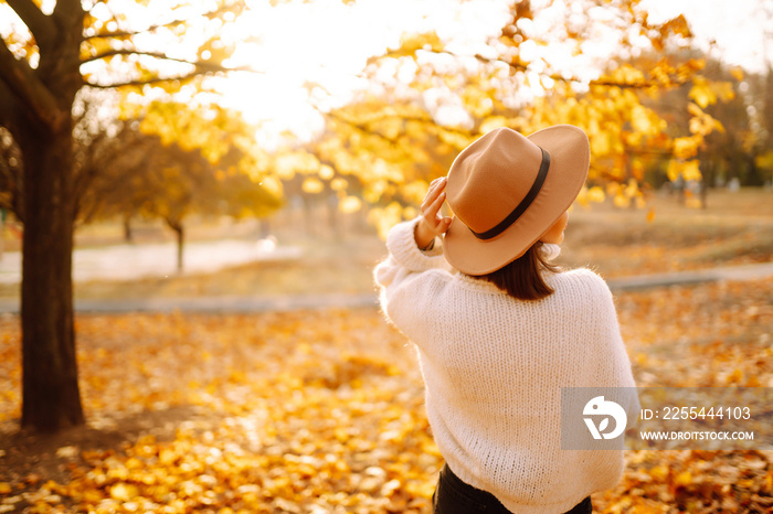 Portrait of attractive stylish smiling woman walking in park dressed in warm white sweater autumn trendy fashion, street style wearing hat.